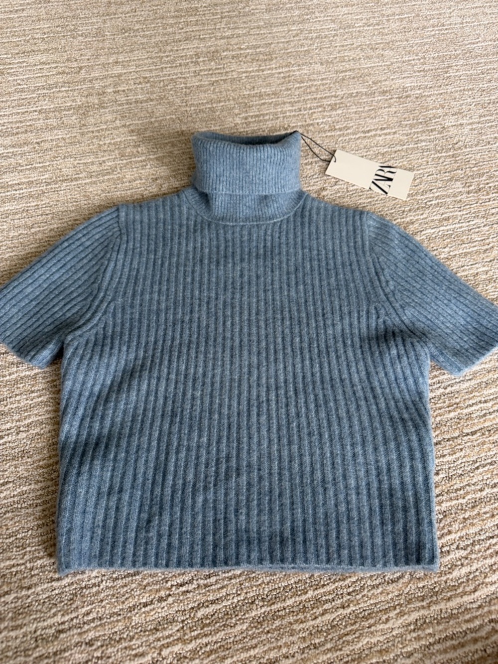 Zara Dusty Blue Ribbed Short-Sleeve Turtleneck Sweater